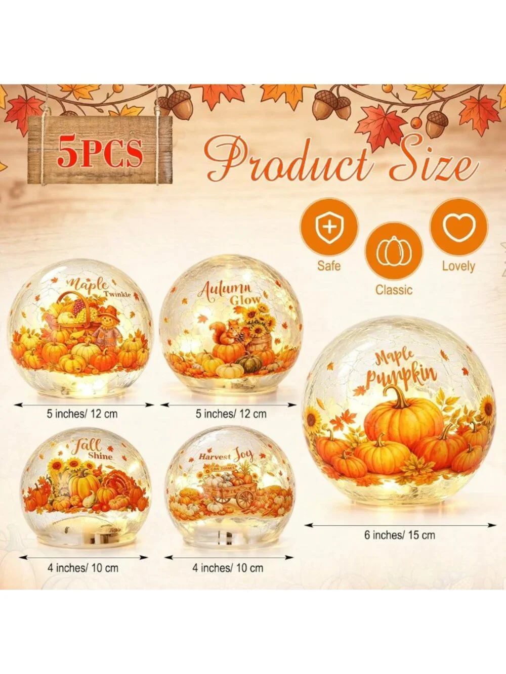 5 Pcs Lighted Crackle Glass Pumpkin Globes - Fall Tabletop Decor for